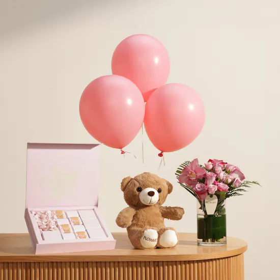 Patchi Baby Chocolate Box | Flower Vase with Cute Teddy Bear and Balloons
