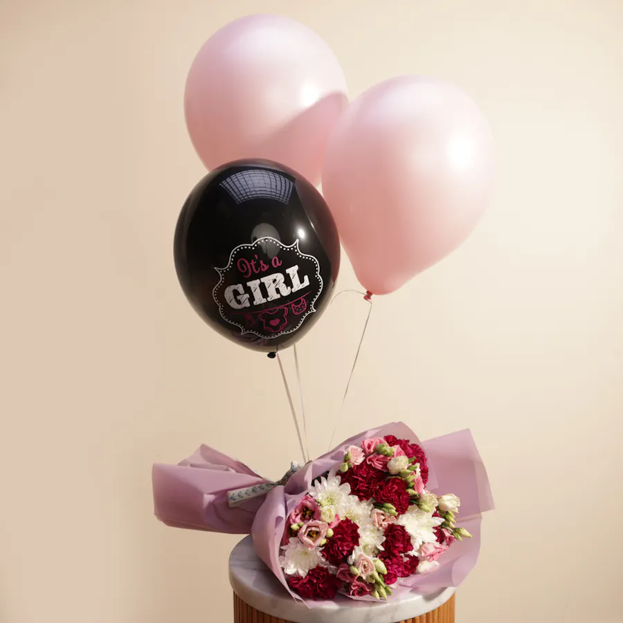 Welcome Baby Girl Flower Bouquet & Balloons 2