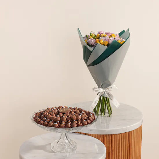 Rava Dried Figs Covered with Chocolates Crystal Tray | Soft Blossoms Bouquet