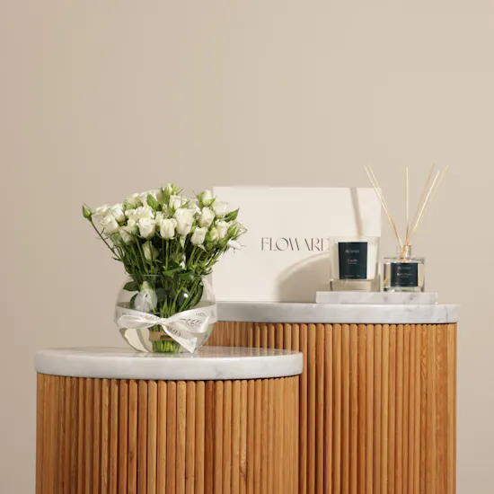 Floward Lovely Orchid Home Gift Set | White Baby Roses Vase