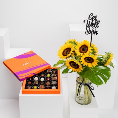صندوق شوكولاتة موكو | مزهرية تمنيات الشفاء العاجل 