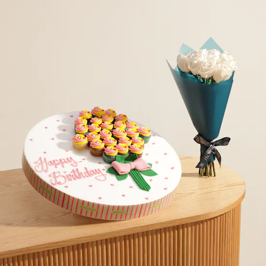 Helen’s Mini Cup Cakes with Your Message | Sunny Delight Flower Bouquet