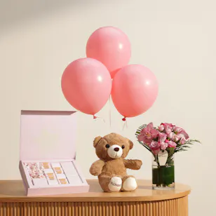 Patchi Baby Chocolate Box | Flower Vase with Cute Teddy Bear and Balloons Patchi Baby Chocolate Box | Flower Vase with Cute Teddy Bear and Balloons