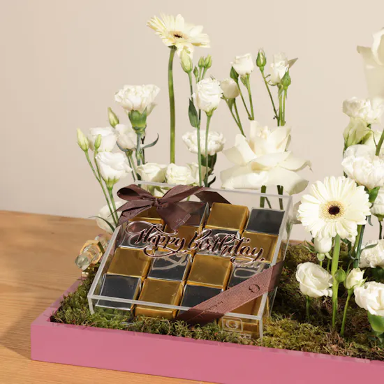 Ghazl Chocolatier Happy Birthday Chocolate Box | White Flower Tray