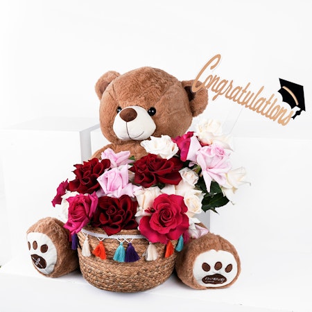 Congratulations for New Beginnings | Flowers and Teddy Bear