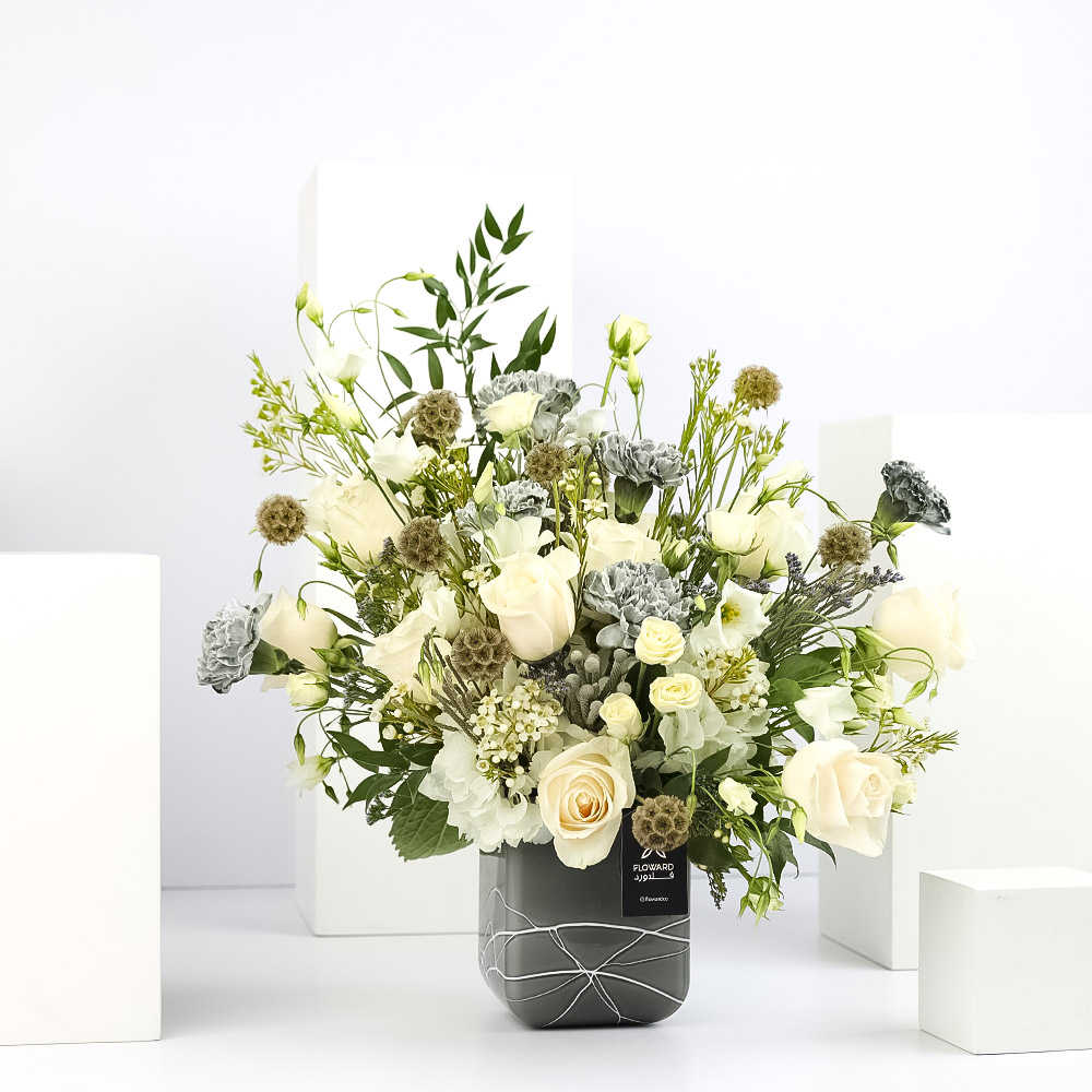 10 White Roses | Soft Grey | Marble Vase