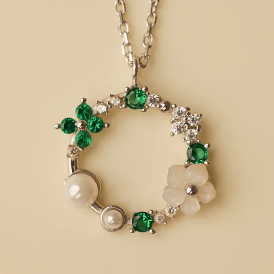 Zia Summer Emerald and Seed Pearl Pendant Silver Necklace