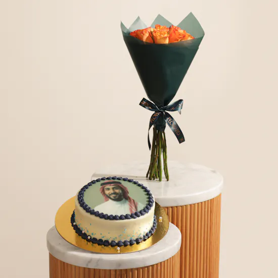 Floward Personalized Photo Chocolate Blue Cake | Shiny Flowers Bouquet and White Balloons