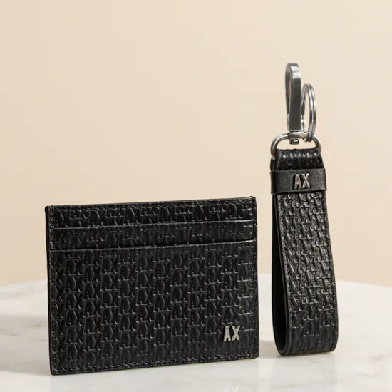 Armani Exchange Monogram Debossed Cardholder and Keychain Set