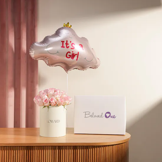 BelovedOne Personalized Pink Blanket and Baby Hat Set | It’s A Girl Balloon and Flowers