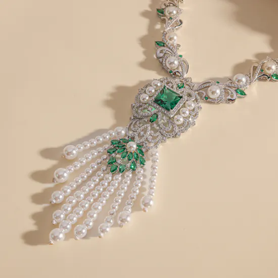 The Princess Pearl Set | Silver and Emerald Stones