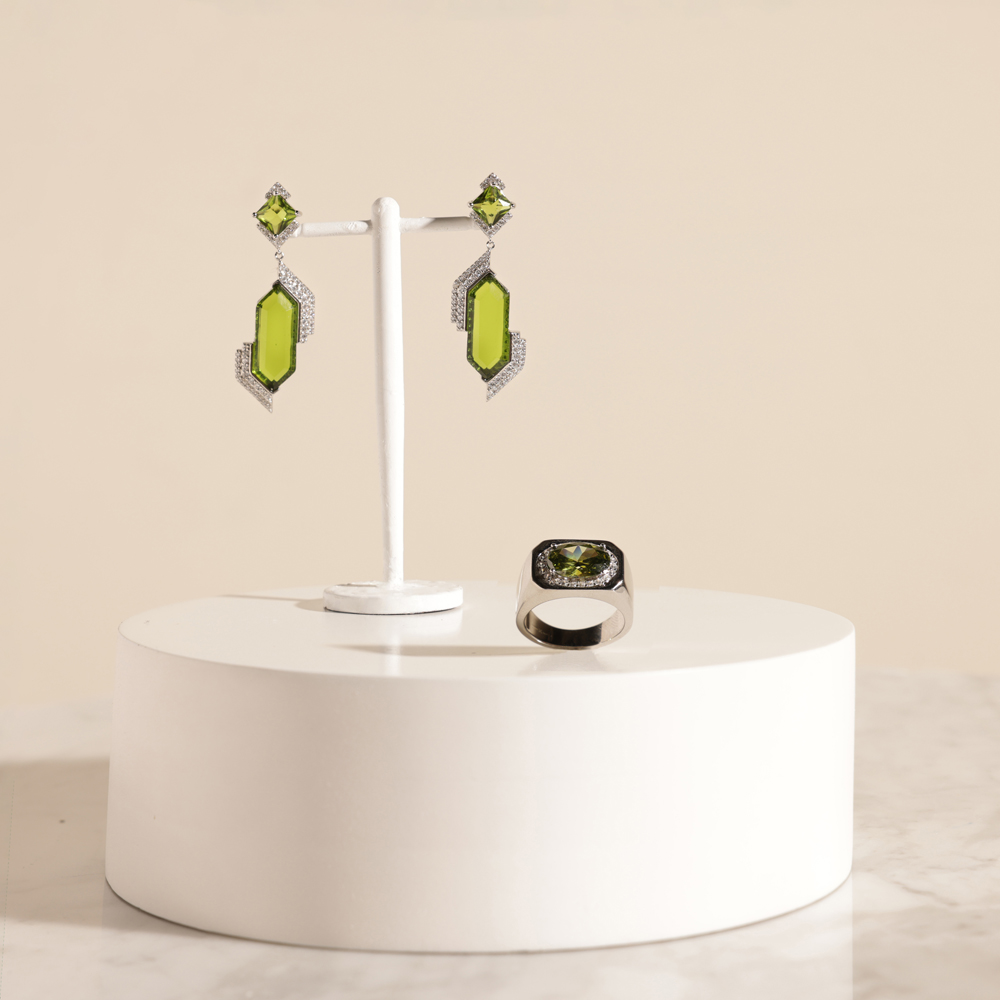 Floward Silver Ring & Earrings Set | Olive Color 