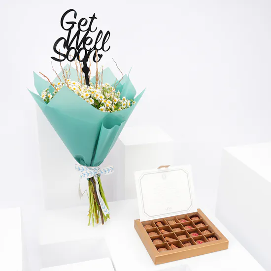 Levo Small Chocolate Box with Get Well Soon Blooms Bouquet
