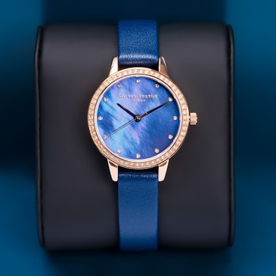 Olivia Burton Classics 30mm Rose Gold & Blue Leather Strap Watch