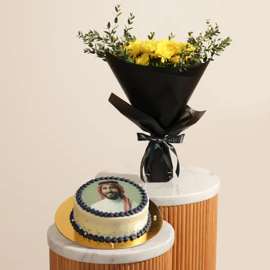 Floward Personalized Photo Chocolate Blue Cake | Elegant Flowers Bouquet and Yellow Balloons