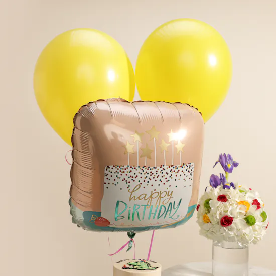 Floward Mini Dino Birthday Vanilla Cake | Flowers Vase and Happy Birthday Balloons
