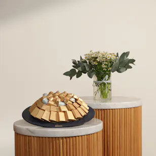 Bostani Assorted Chocolates Navy Leather Tray | Harmony of Light Flowers Vase