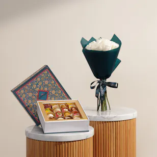 MyGovindas Fancy Sweets Medium Premium Box | Sunlit Moments Flower Bouquet MyGovindas Fancy Sweets Medium Premium Box | Sunlit Moments Flower Bouquet