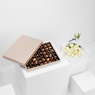 House of Cocoa Chocolate Box with White Roses