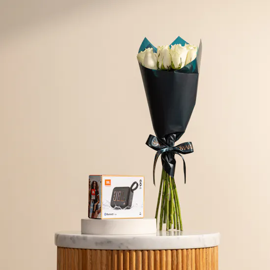 JBL Go4 Bluetooth Portable Black Speaker | Eternal Grace Rose Bouquet