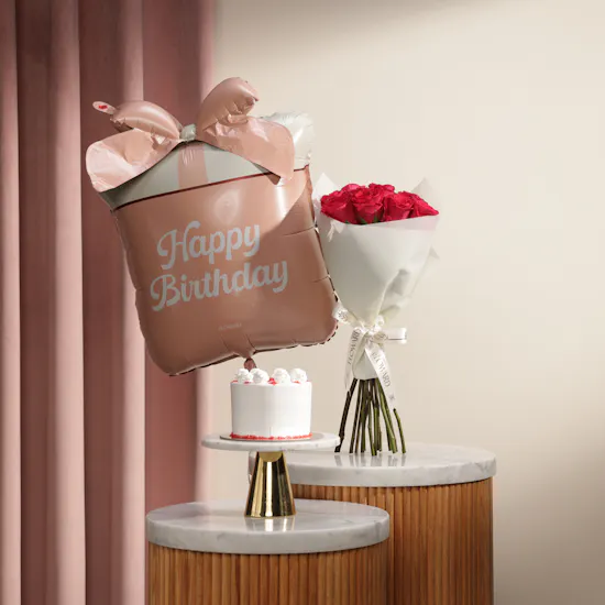 Floward Red Velvet Mini Cake | Roses Bouquet and Birthday Balloon