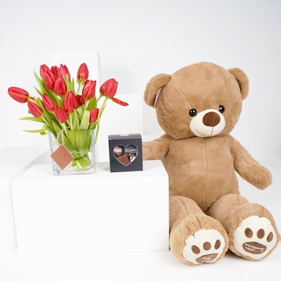 Medium Red Tulips Square Vase with a Medium Teddy Bear and Medium Chocolate Box
