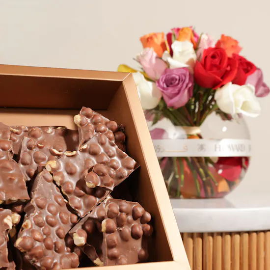 Ghazl Chocolatier Hazelnuts Chocolate Slabs Box | Flowers and Pink Birthday Gift Balloon