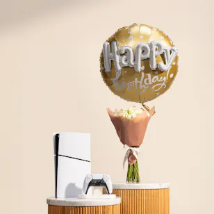 Sony PlayStation 5 White Slim Disc Version | White Roses and Happy Birthday Balloon Sony PlayStation 5 White Slim Disc Version | White Roses and Happy Birthday Balloon