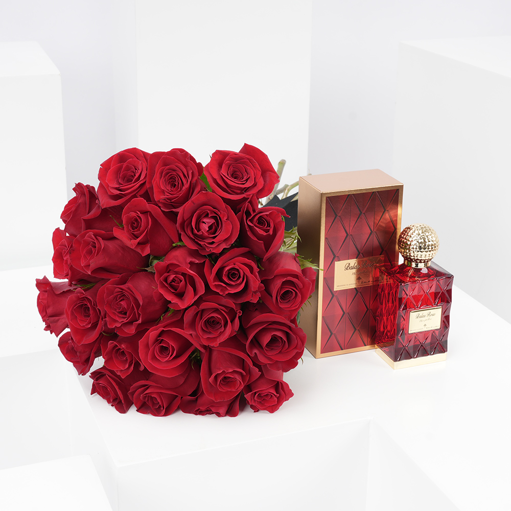 Ibrahim Alqurashi Balase Rose Eau de Parfum 75ml with Red Blooms Bouquet |  Floward Medina