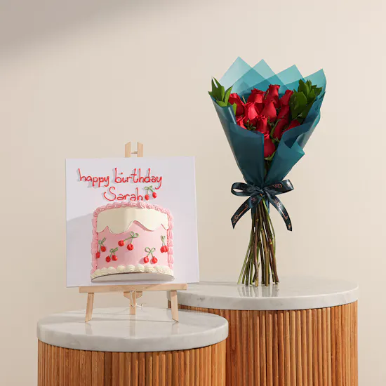 Floward Cherry Blossom Personalized Birthday Half Portrait Cake | Tender Romance Flowers