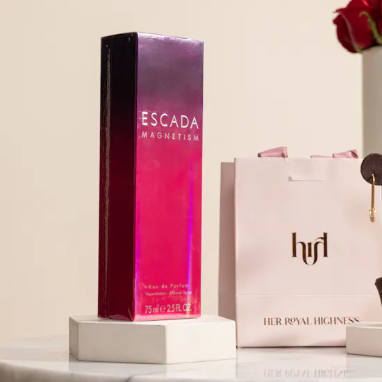 Hrh Pavé Safety Pin Earrings | Escada Magnetism Perfume for Women and Red Roses