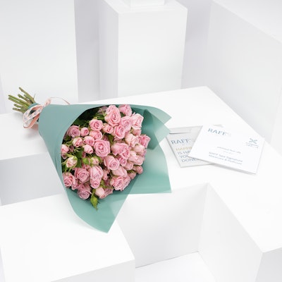 Raff by Paris Gift Card with baby rose bouquet 
