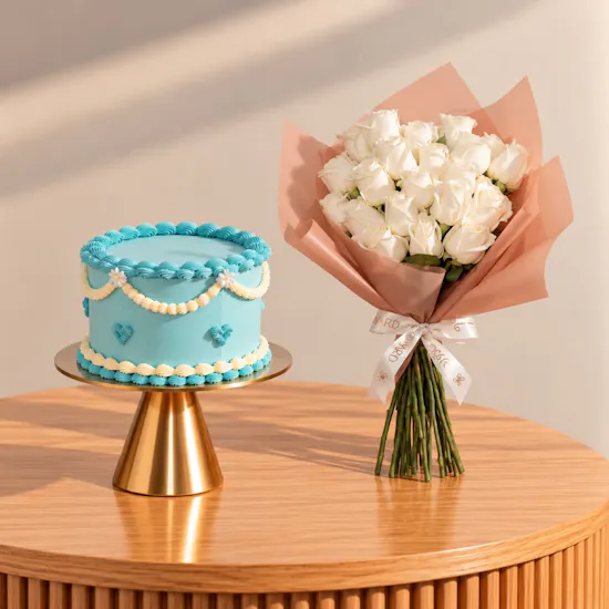 The Hummingbird Bakery Personalized Frosted Fairy Tale Cake | Pure Garden White Rose Bouquet