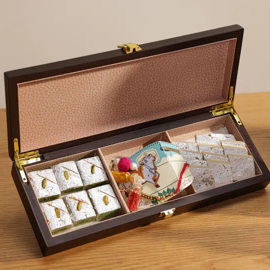 MyGovindas Rakhi Small Assorted Sweets Wooden Hamper | Stronger Together Perfume and Flowers