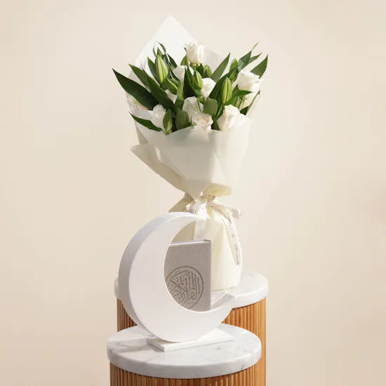 Quran on A Hilal Stand | White Flowers