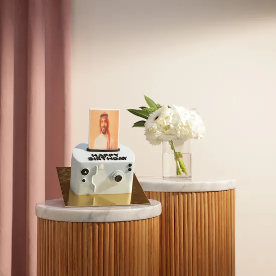 Floward Personalized Photo Blue Camera Cake | Symphony Flower Vase