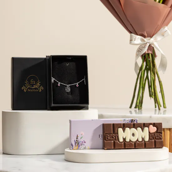 Felizmoda Flower with Pink Stones Bracelet | Fleur Chocolate Bar and Roses Bouquet