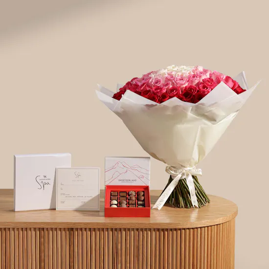 Waldorf Astoria Spa Relaxing Body Massage Gift Voucher | Sweetzerland Chocolate Box and Flowers