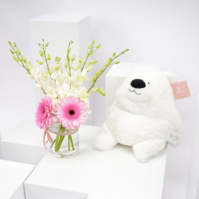 Floward White Bear with Spring Blooms Vase