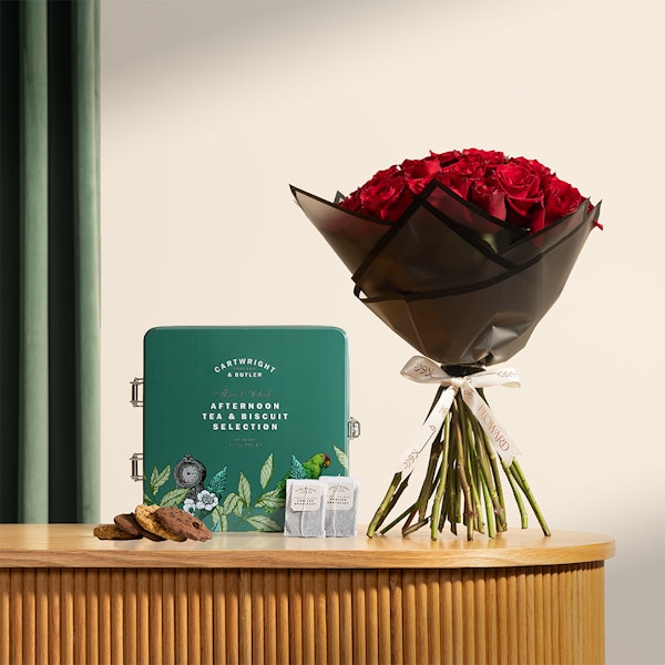 Cartwright & Butler Tea and Biscuits | Dazzling Red Rose Bouquet