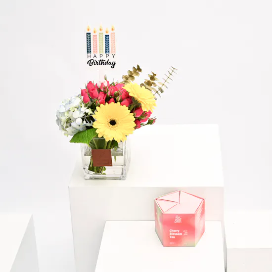 Feel Good Tea Cherry Blossom Tea with Birthday Blooms Vase