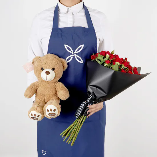 20 Red Baby Roses Hand Bouquet with a Small Teddy Bear