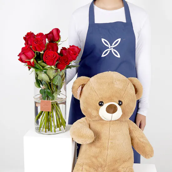 Floward Medium Teddy Bear | Red Roses Vase