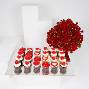 100 Red Baby Roses Hand Bouquet with 24 Cupcakes