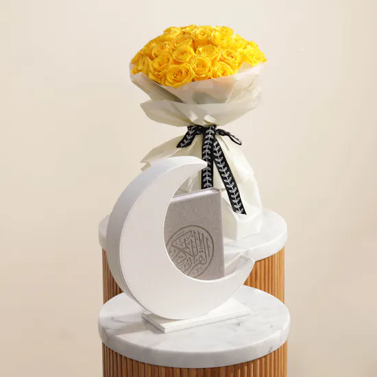 Quran with Hilal Stand | Yellow Roses