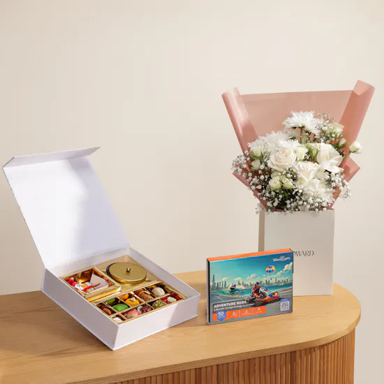 MyGovindas Rakhi Divine Bond Sweets Box | Adventures Voucher and Flowers