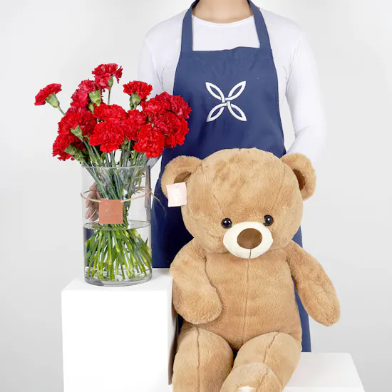 Medium Red Carnations Cylinder Vase with a Medium Teddy Bear