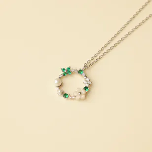 Zia Summer Emerald and Seed Pearl Pendant Silver Necklace