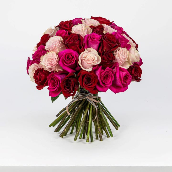 50 Red, Pink & Fuchsia Rose Bouquet