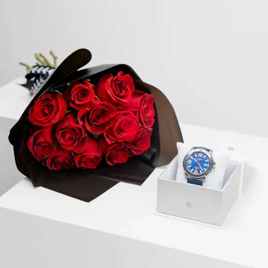 Casio Blue Leather men’s Watch with 12 Red Roses